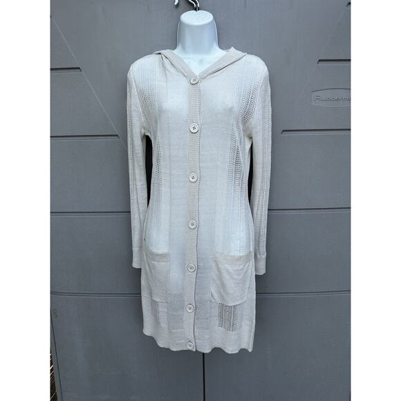Dolce Cabo Crochet Button Front Linen Blend Hooded Duster Cardigan Sz S Oatmeal - Picture 5 of 11